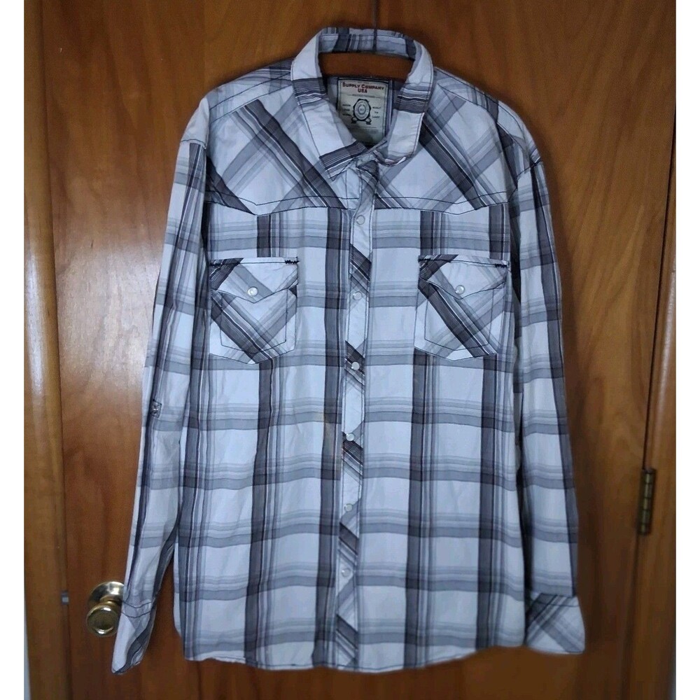 Supply Company USA Mens XXL Western Shirt Pearl Snap Plaid Long Sleeve Workwear